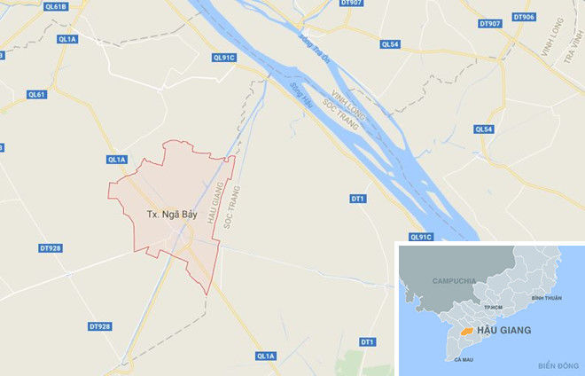 
Thị xã Ngã Bảy (màu đỏ) ở Hậu Giang. Ảnh: Google Maps.