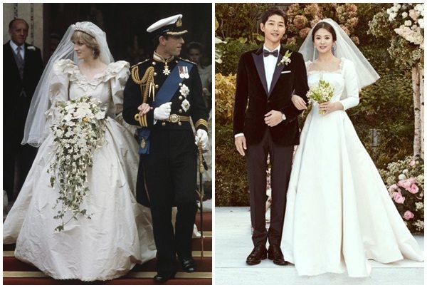 
Một số người hâm mộ còn so sánh váy cưới giản dị, theo phong cách cổ điển của Song Hye Kyo với chiếc váy kinh điển mà công nương Diana đã mặc trong đám cưới hoàng gia năm 1981.