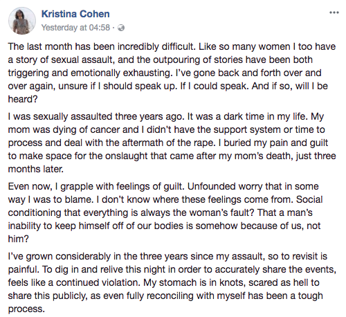 
Dòng trạng thái mà Kristina Cohen đăng tải, mô tả chi tiết về "cơn ác mộng" mà cô đã trải qua 3 năm trước.