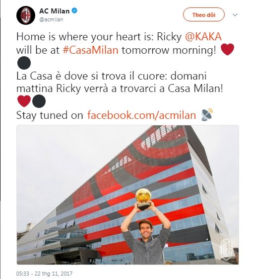 
Trang Twitter của AC Milan đăng dòng trạng thái với nội dung "Nhà là nơi trái tim thuộc về: Ricardo Kaka, hẹn gặp cậu ở Casa Milan vào ngày mai"