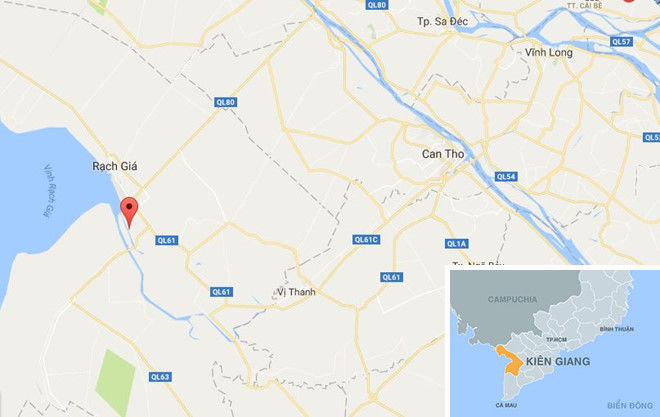 
Xã Vĩnh Hòa Phú (chấm đỏ) ở Kiên Giang. Ảnh: Google Maps.