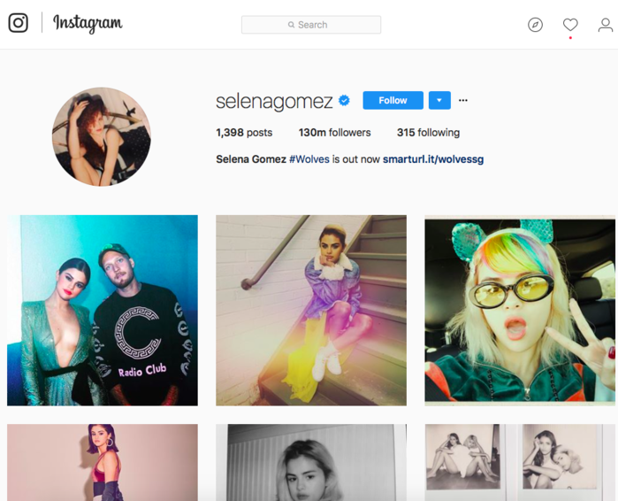
Selena Gomez chính là ngôi sao toả sáng nhất tại MXH Instagram với lượng follower khủng lên đến hơn 130 triệu.