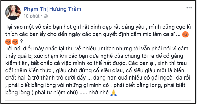 
Trước đó, khi Chi Pu vừa tung MV đầu tay debut với vai trò ca sĩ, Hương Tràm đã dành một dòng trạng thái được cho là ám chỉ Chi Pu. - Tin sao Viet - Tin tuc sao Viet - Scandal sao Viet - Tin tuc cua Sao - Tin cua Sao