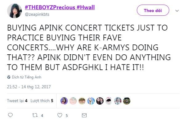 
"Mua vé concert A Pink chỉ để tập dượt cho việc đăng kí vé của thần tượng mình. Sao Army lại làm như vậy? A Pink còn chưa động gì đến họ cơ mà ghét quá đi thôi."​