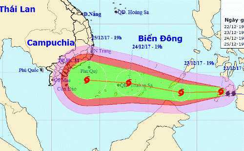 
Tembin được đánh giá là một cơn bão mạnh với mức độ rủi ro cấp 3. Ảnh: NCHMF.