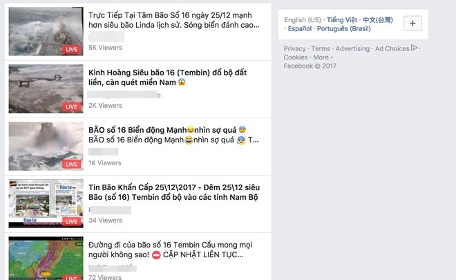 
Facebook tại Việt Nam đang tràn ngập video giả mạo hoặc không rõ nguồn gốc về bão số 16. 