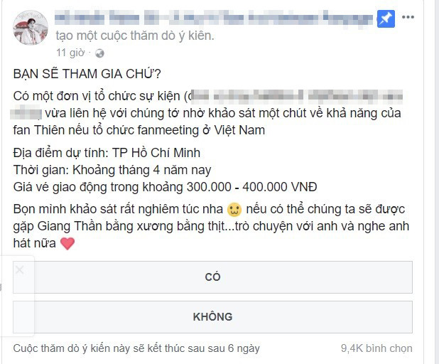
Nếu Hồ Nhất Thiên thực sự tổ chức fanmeeting tại Việt Nam, người hâm mộ sẽ phải bỏ 300k - 400k tiền vé để được gặp anh chàng.