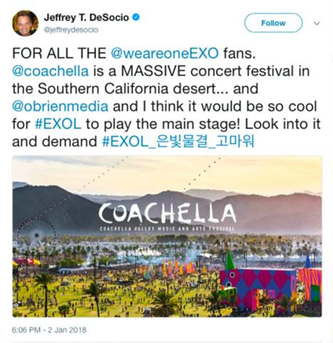 
Phần tweet ban đầu của Jeffrey đã nhầm lẫn khi hashtag nhầm EXO-L.