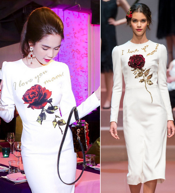 
Ngọc Trinh từng may nhái mẫu váy hoa hồng từ bộ sưu tập Thu Đông 2015 của thương hiệu này để mặc đi sự kiện.