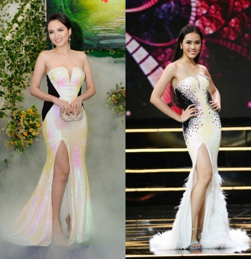 
Chiếc đầm mà Diễm Hương diện cách đây khá lâu khá giống với thiết kế từng được thí sinh Hoa hậu Hoàn vũ Việt Nam 2017 biểu diễn trên sân khấu.
