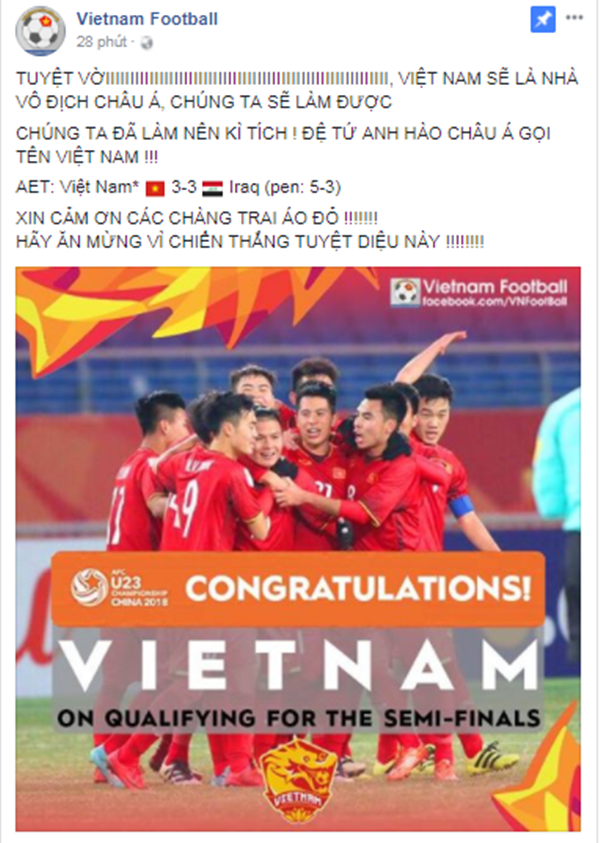 
Trang Vietnam Football gọi đội tuyển U23 Việt Nam là "đệ tứ anh hào Châu Á" sau khi thầy trò Park Hang-seo lập chiến tích lọt vào bán kết để trở thành 1 trong 4 đội mạnh nhất châu lục.