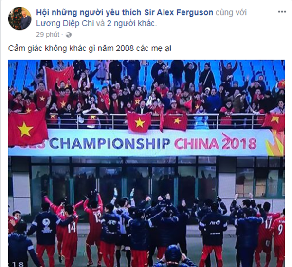 
1 Trang fanpage Man United tại Việt Nam gọi cảm xúc mà thầy trò Park Hang-seo mang lại rất giống với ngôi vô địch AFF Cup 2008 của đội tuyển Việt Nam dưới thời thầy "phù thủy" Calisto.