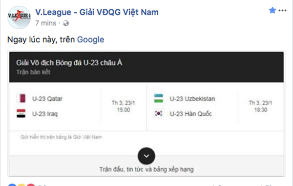
Trang fanpage V.League dẫn chứng sự vội vàng gạt bỏ U23 Việt Nam của Google.