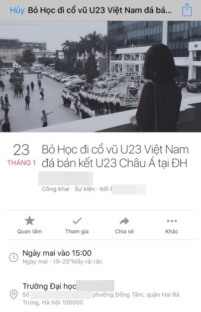 
Sinh viên của một trường Đại Học ở Hà Nội đã lập group để cùng nhau nghỉ học để tham gia cổ vũ cho U23 Việt Nam.