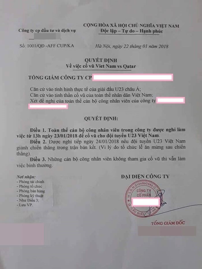 
Tổng giám đốc ban công văn cho phép nhân viên nghỉ làm để ủng hộ U23 Việt Nam 