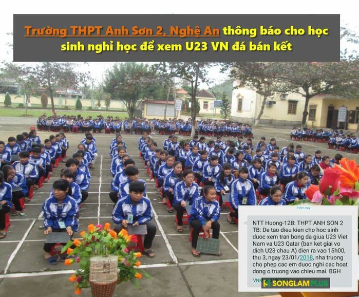 
BGH của trường THPT Anh Sơn 2 tại Nghệ An còn nhắn tin thông báo đến các phụ huynh về kế hoạch cho học sinh nghỉ để ủng hộ U23 Việt Nam.