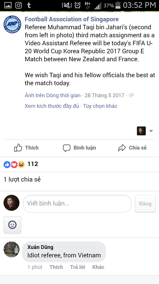 
Một fan bóng đá Việt bức xúc bình luận trên trang facebook của liên đoàn bóng đá Sigapore. 