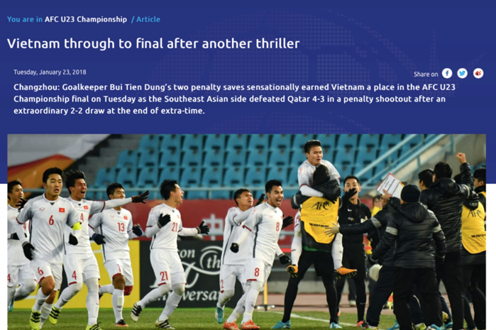 
Trang chủ Liên đoàn bóng đá Châu Á (AFC) đưa tin về chiến tích của U23 Việt Nam.