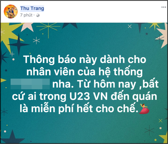 
Diễn viên hài Thu Trang thông báo miễn phí toàn bộ cho các cầu thủ của đội tuyển U23 Việt Nam nếu đến chuỗi cửa hàng của cô ăn. - Tin sao Viet - Tin tuc sao Viet - Scandal sao Viet - Tin tuc cua Sao - Tin cua Sao