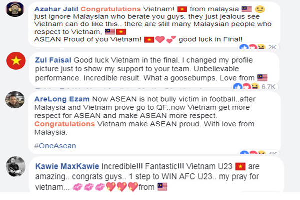 Đặc biệt chúng ta nhận được rất nhiều lời chúc từ những NHM đến từ Malaysia. Thậm chí, CĐV Zul Faisal còn đổi cả ảnh đại diện thành quốc kỳ Việt Nam.