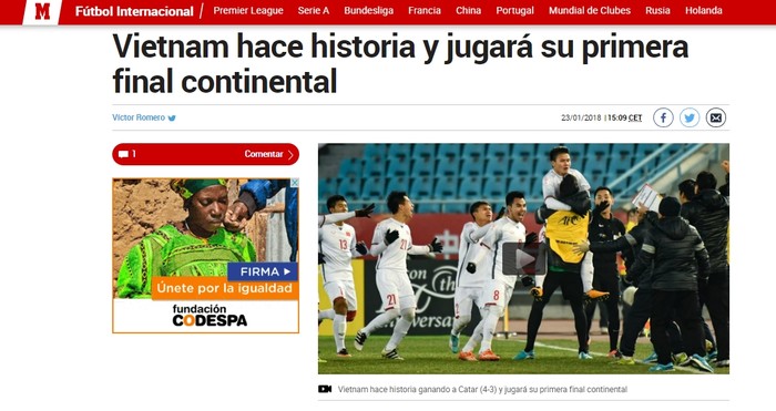 
Trang báo thể thao uy tín hàng đầu Tây Ban Nha và châu Âu đưa tin về hành trình lịch sử của U23 Việt Nam.