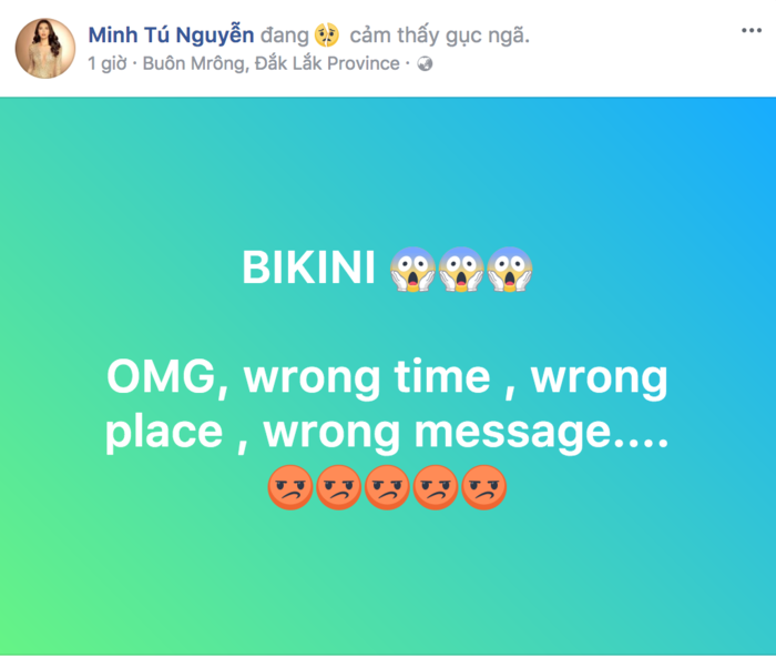 
Không những thế, siêu mẫu Minh Tú còn "gục ngã" sau khi xem qua những bức ảnh của Lại Thanh Hương trên mạng xã hội kèm theo dòng chia sẻ: "Wrong time, wrong place, wrong message".