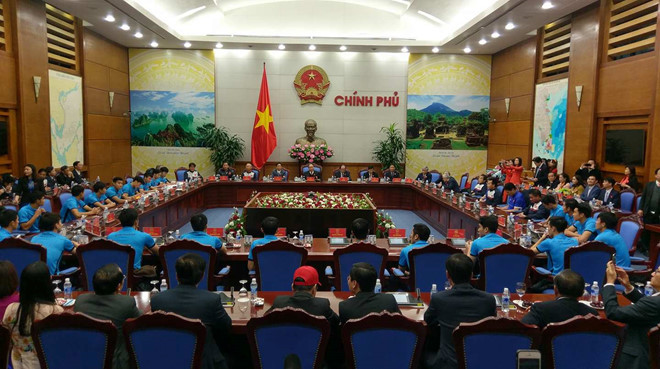 
Tại trụ sở Chính phủ, Thủ tướng gặp mặt Đội tuyển U23 Việt Nam - Á quân U23 Châu Á 2018. Ảnh: Vietnamnet.