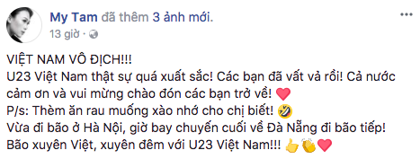 
Mỹ Tâm dành rất nhiều tình cảm cho U23 Việt Nam, cô còn nhắn nhủ khá hài hước "thèm ăn rau muống xào nhớ cho chị biết". - Tin sao Viet - Tin tuc sao Viet - Scandal sao Viet - Tin tuc cua Sao - Tin cua Sao