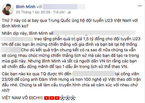 
Bình Minh chi mạnh 1,5 tỉ đồng để làm quà thưởng cho đội tuyển U23 Việt Nam. - Tin sao Viet - Tin tuc sao Viet - Scandal sao Viet - Tin tuc cua Sao - Tin cua Sao