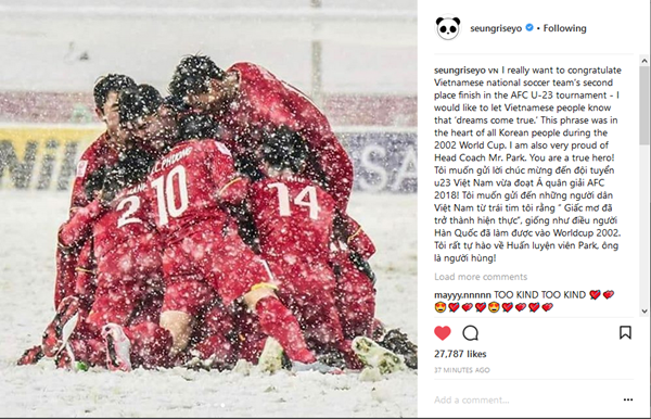 Tự hào chưa, đến cả Seungri cũng đăng ảnh chúc mừng chiến tích lịch sử của U23 bằng tiếng Việt