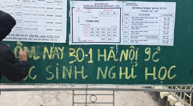 
Hàng loạt tỉnh miền Bắc sáng nay ghi nhận nhiệt độ dưới 10, trong đó Hà Nội là 9,9. Theo quy định, học sinh tiểu học, mẫu giáo ở thủ đô được nghỉ học.