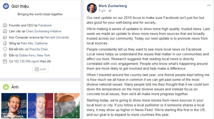 
Bài đăng của Mark Zuckerberg trên trang Facebook cá nhân của mình.