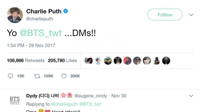 
Charlie Puth có vẻ như rất nóng lòng chờ tin nhắn trả lời của BTS.