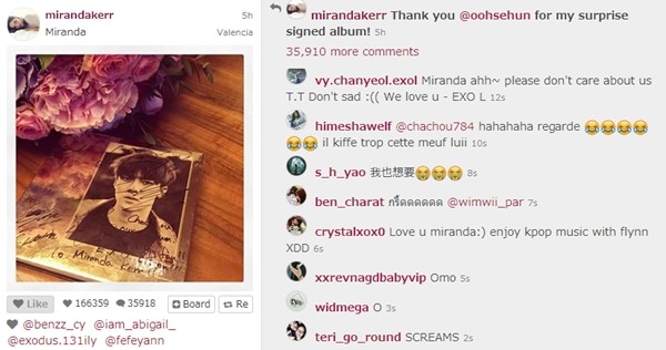 
Miranda Kerr đăng ảnh album kèm chữ kí của Sehun cùng lời cám ơn và tag tên tài khoản của anh vào.