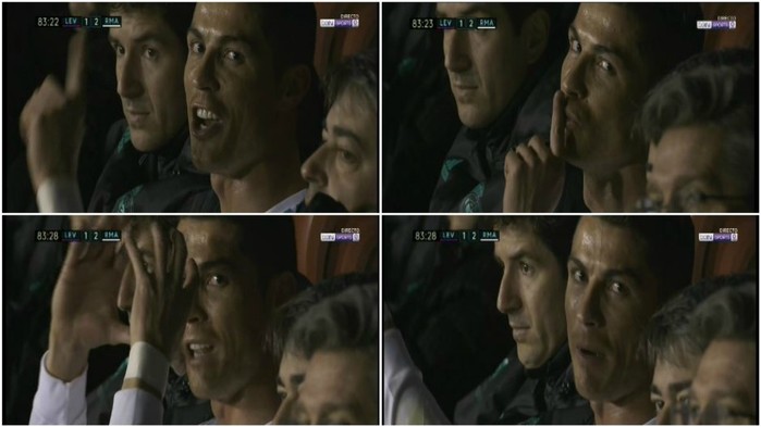 
Gần đây nhất, trong trận hòa với Levante tại vòng 22 của giải VĐQG TBN 2017/18, một cameraman đã ghi lại được chuỗi hành động kỳ lạ của Ronaldo trên băng ghế dự bị. Cụ thể, chân sút 33 tuổi giơ ngón tay ngang miệng và tạo hình chiếc máy quay nhằm ngụ ý: “Tập trung vào trận đấu đi, đừng soi mói tôi nữa”.