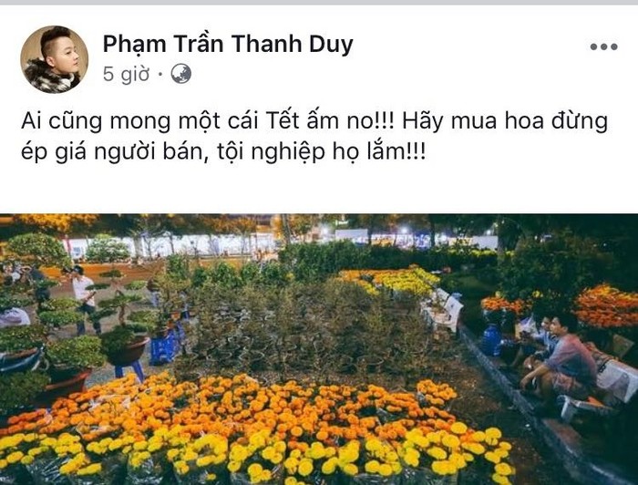 
Ca sĩ Thanh Duy cũng chung niềm chia sẻ, kêu gọi mọi người "Hãy mua hoa đừng ép giá người bán, tội nghiệp họ lắm". - Tin sao Viet - Tin tuc sao Viet - Scandal sao Viet - Tin tuc cua Sao - Tin cua Sao
