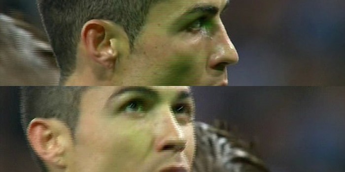 
Ronaldo bị rọi laser vào mặt khi đang chuẩn bị thực hiện quả penalty.