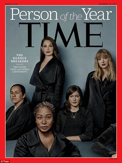 
Bức ảnh Nhân vật của năm là những người đứng sau chiến dịch #Metoo bao gồm nữ diễn viên Ashley Judd, Taylor Swift, cựu kĩ sư Uber Susan Fowler và một người giấu mặt chính là đại diện cho tất cả những người vẫn còn chưa đủ dũng cảm để chia sẻ câu chuyện của mình.