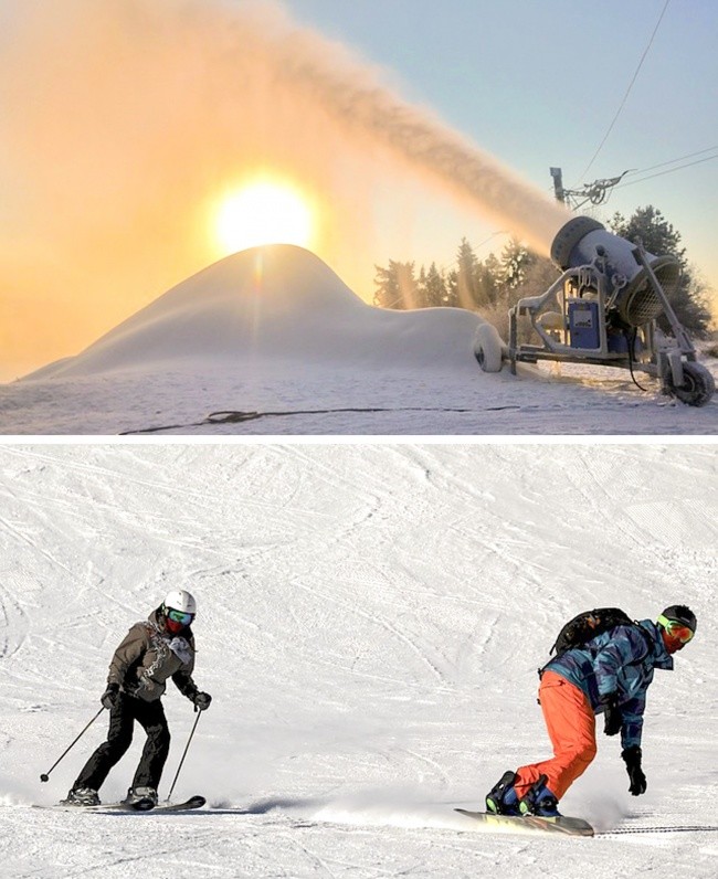 
Trong vài thập niên vừa qua, sự nóng lên của trái đất đã khiến các mùa nghỉ đông tại các khu trượt tuyết kết thúc sớm vì tuyết tan quá nhanh. Do đó, các khu trượt tuyết đã phái dùng máy làm tuyết công nghiệp để bù vào lượng tuyết tan đi. Mục đích là níu chân khách đến trượt tuyết.