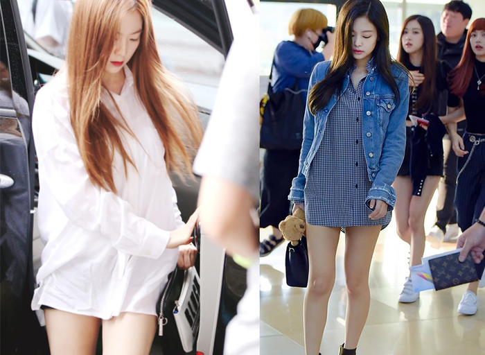 
Style giấu quần của hai cô nàng, Irene chọn kiểu áo thun basic còn Jennie thích sự mới lạ nên chọn kiểu sọc nhỏ đi kèm với 1 chiếc áo khoác demin.