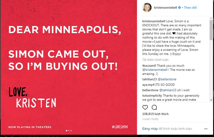 
Kristen Bell, nữ diễn viên chuyên trị thể loại phim hài-tình cảm cũng làm điều tương tự với một rạp phim ở thành phố Minneapolis.