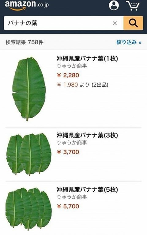 
Rất nhiều cửa hàng online trên Amazon Nhật Bản đang rao bán lá chuối xanh rất tươi, mỗi chiếc được đăng bán với giá 2.280 yên (tương đương 500.000 đồng)