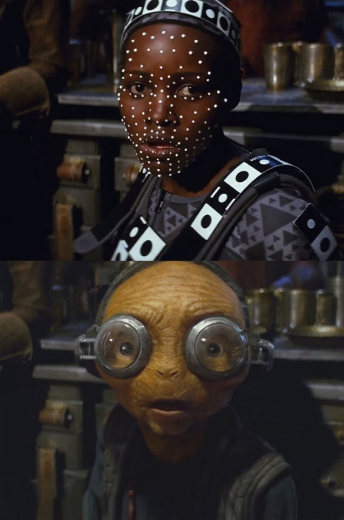 
Đây là cách người ta tạo hình cho nhân vật Maz Kanata trong Star Wars: The Force Awakens, không còn chút gì của Lupita Nyong'o trong bản phim cuối cùng ngoại trừ giọng nói.