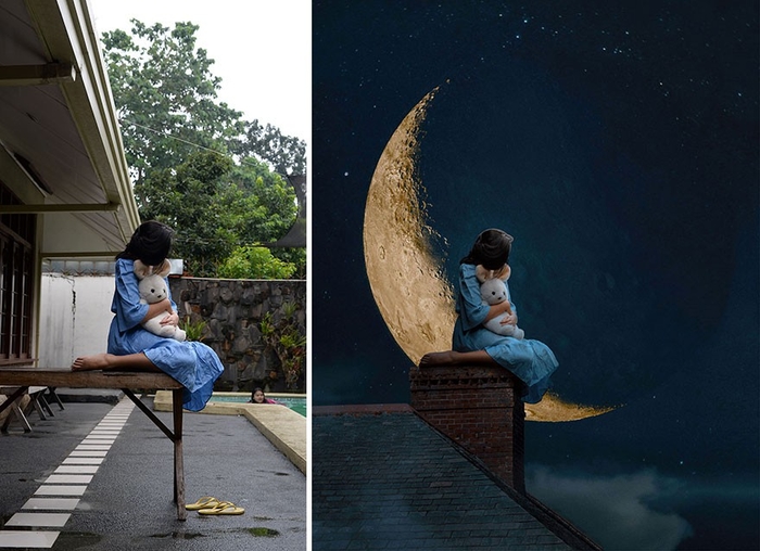 
Một bức ảnh hết sức bình thường bỗng hóa thành bức tranh cô gái nhỏ ôm giấc mơ lãng mạng dưới ánh trăng.