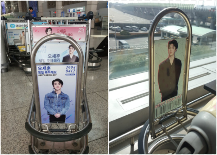 
Hình ảnh của Sehun xuất hiện trên xe đẩy hành lý tại sân bay.