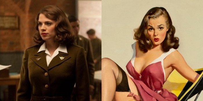 
Mái tóc bồng bềnh của Peggy (trái) và của một bà nội trợ quyến rũ trên poster tuyên truyền của Mỹ (phải).