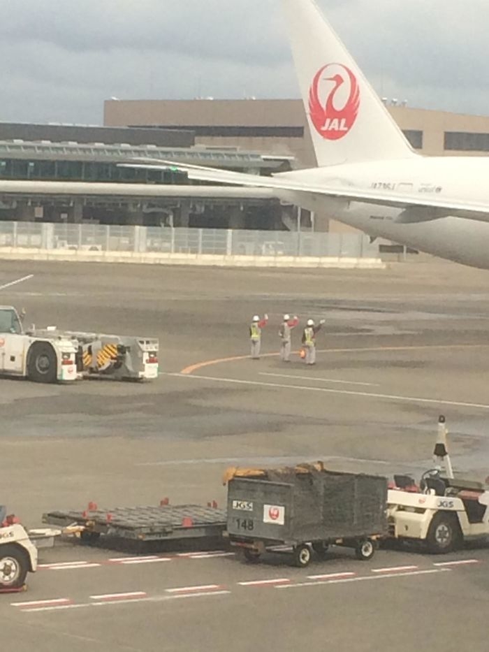 
Các nhân viên mặt đất đang vẫy tay chào tạm biệt đội bay sắp cất cánh