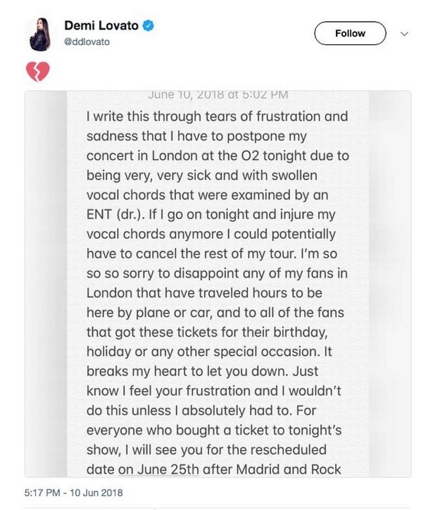 
Lời xin lỗi của Demi gửi đến fan trên Twitter.