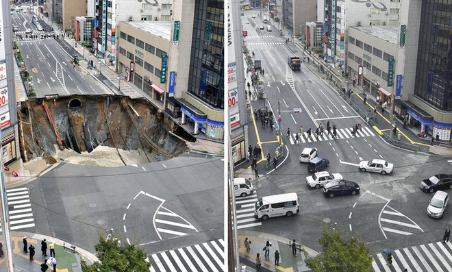 Nhật Bản lại khiến cả thế giới thán phục: Đường bị sụt lún hôm trước, hôm sau đã khôi phục