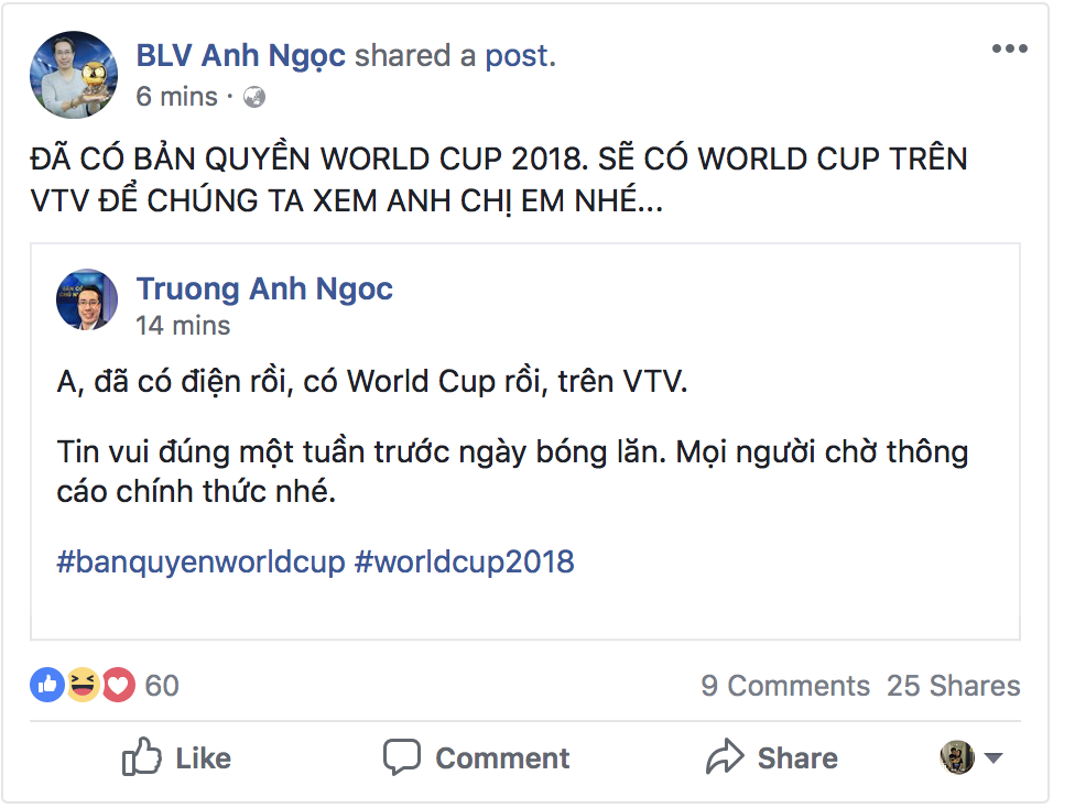 
Nhà báo, bình luận viên Trương Anh Ngọc chia sẻ trên trang cá nhân về việc VTV đã sở hữu bản quyền World Cup 2018. 